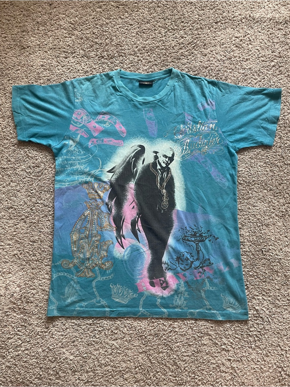 Rare Vtg Y2K 2008 Christian Audigier Blue Heavenly Foil Shirt XL City of Angels